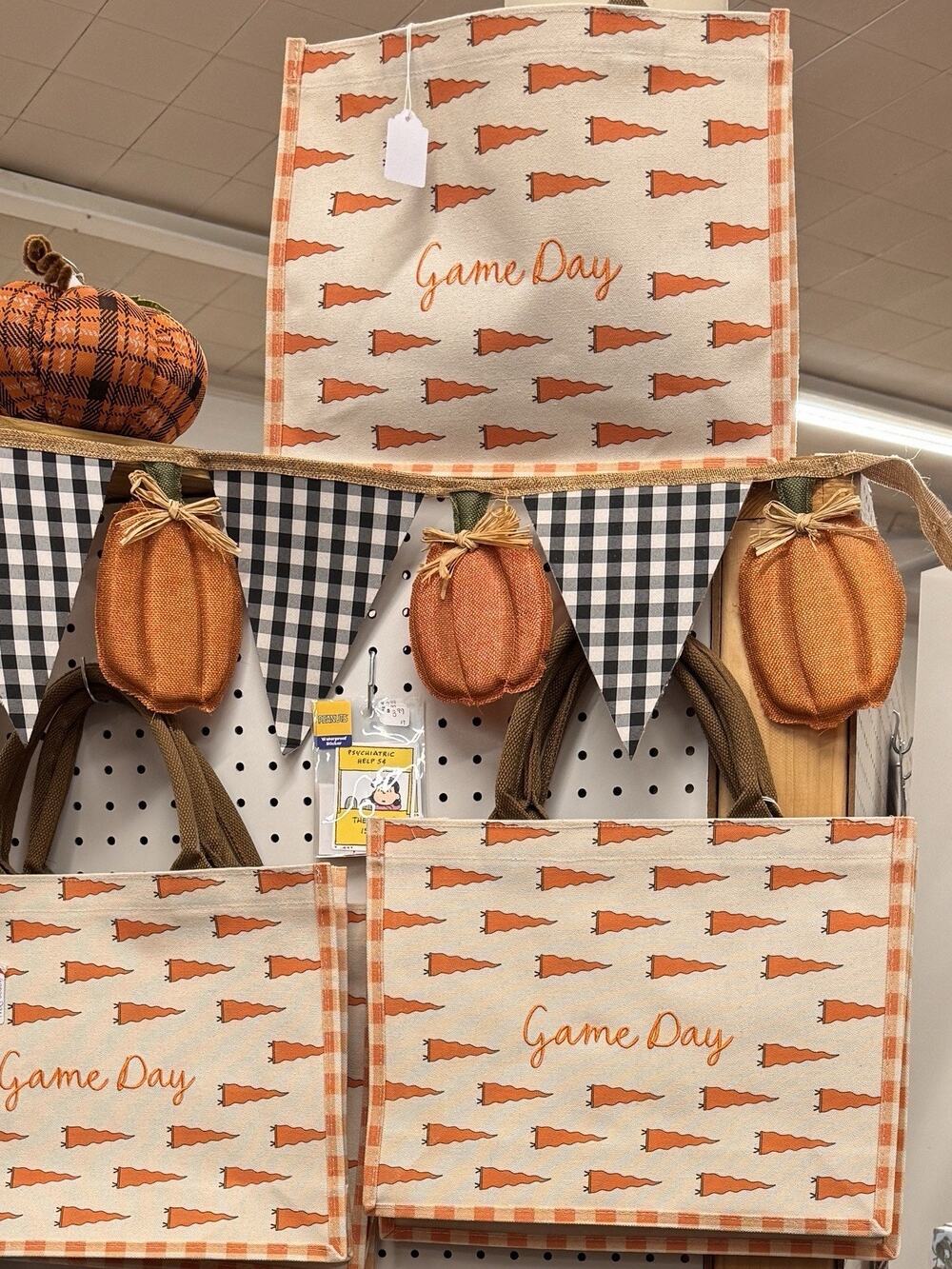 Game Day Pennant Canvas Open Tote Double Handle Orange Cream Gingham Sides